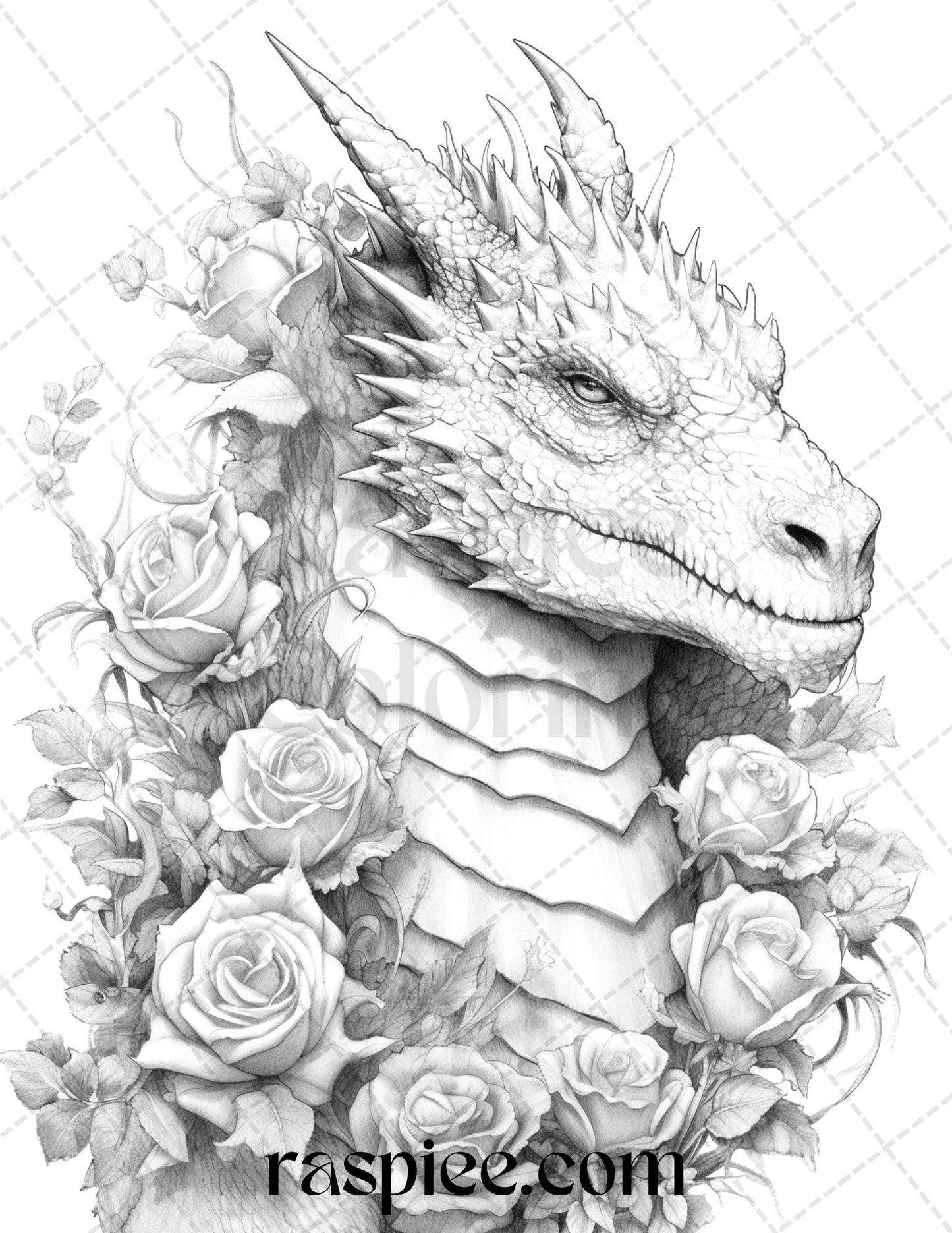 40 Flower Dragon Grayscale Coloring Pages Printable for Adults, PDF File Instant Download