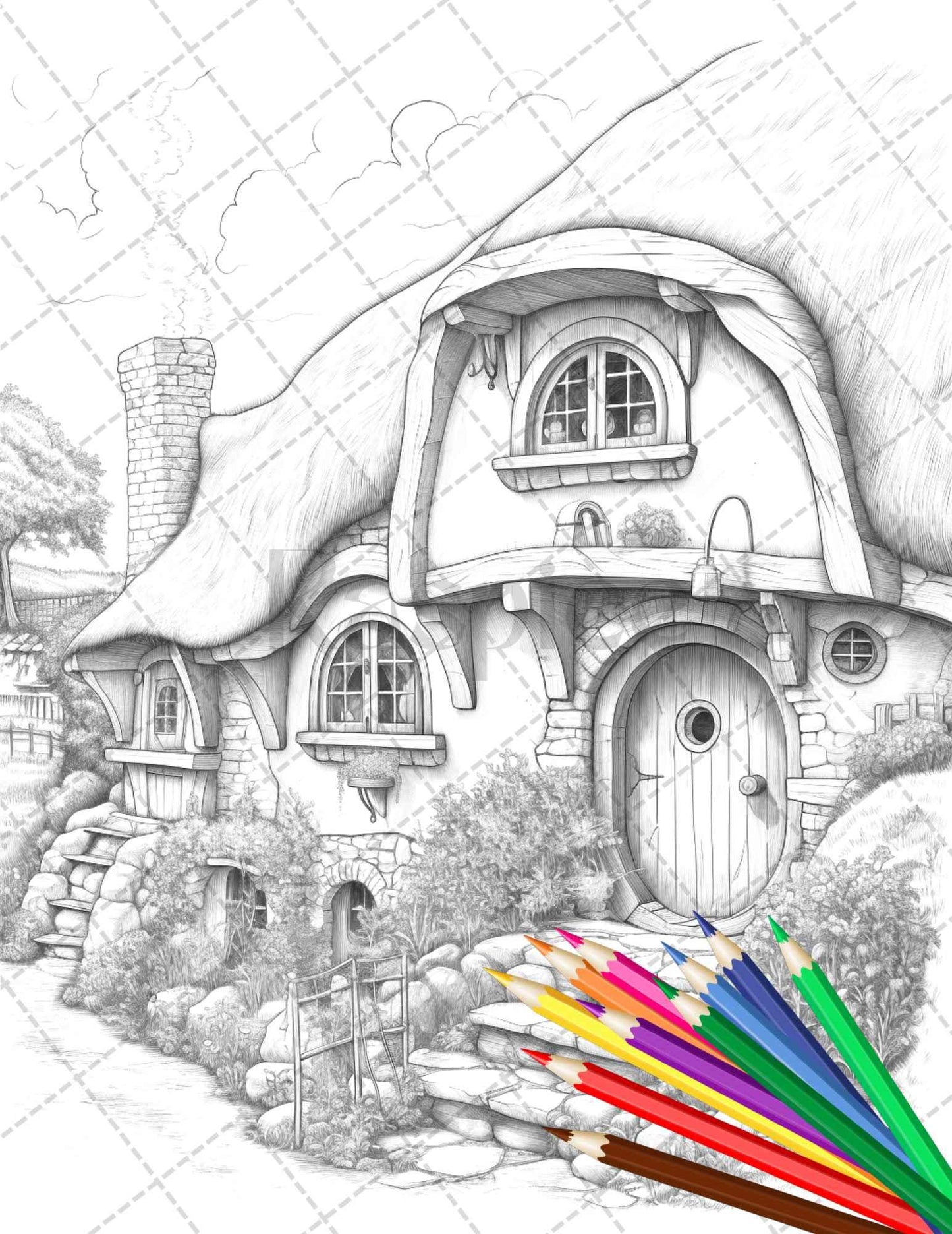 43 Enchanted Hobbiton Houses Grayscale Coloring Pages Printable for Adults, PDF File Instant Download