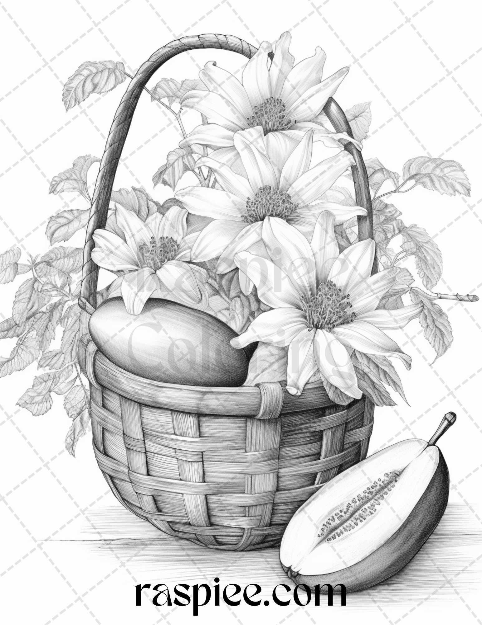 40 Fruit Basket Grayscale Coloring Pages Printable for Adults, PDF File Instant Download