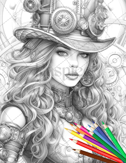 40 Steampunk Ladies Grayscale Coloring Pages Printable for Adults, PDF File Instant Download