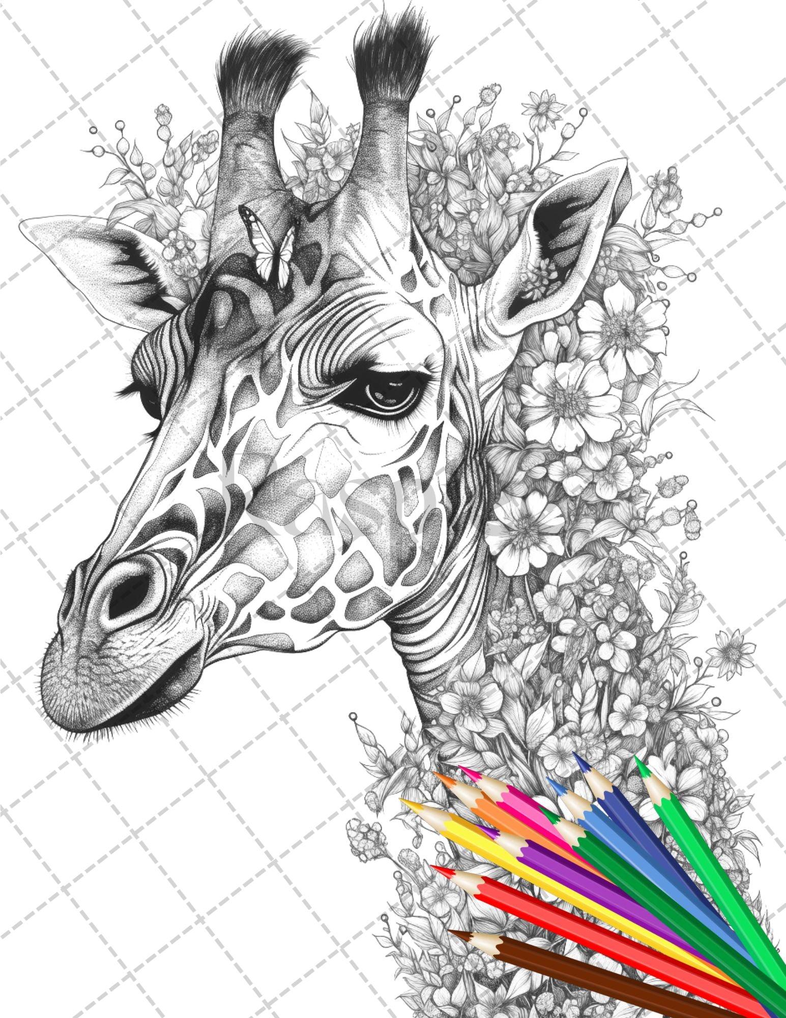 30 Animal Floral Printable Coloring Pages for Adults, Grayscale Coloring Book, Printable PDF File Download