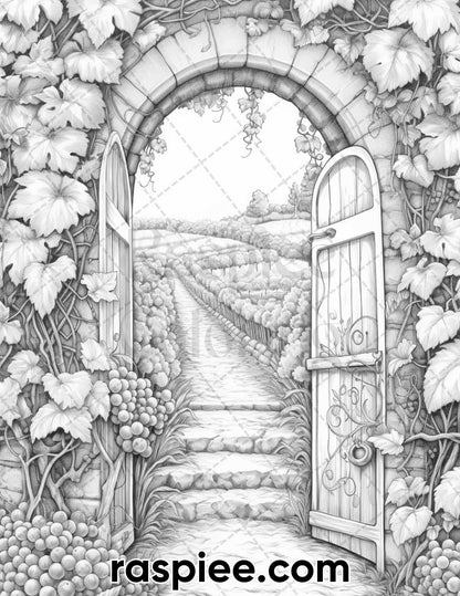 40 Spring Vineyard Grayscale Adult Coloring Pages, Printable PDF Instant Download