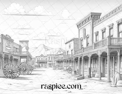 40 Wild West Towns Grayscale Coloring Pages Printable for Adults, PDF File Instant Download