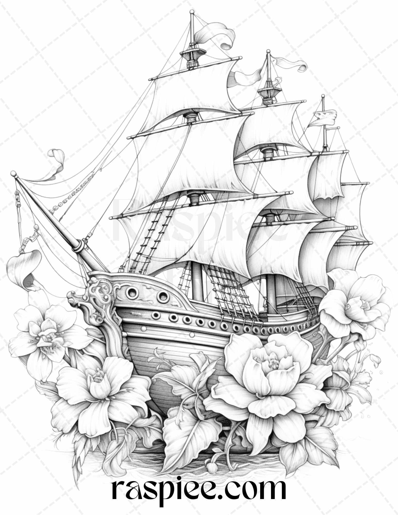 44 Flower Ships Graysale Coloring Pages Printable for Adults, PDF File Instant Download