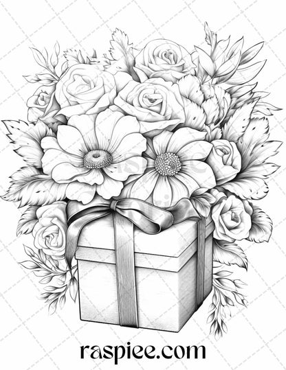 40 Flower Gift Box Grayscale Coloring Pages Printable for Adults Kids, PDF File Instant Download