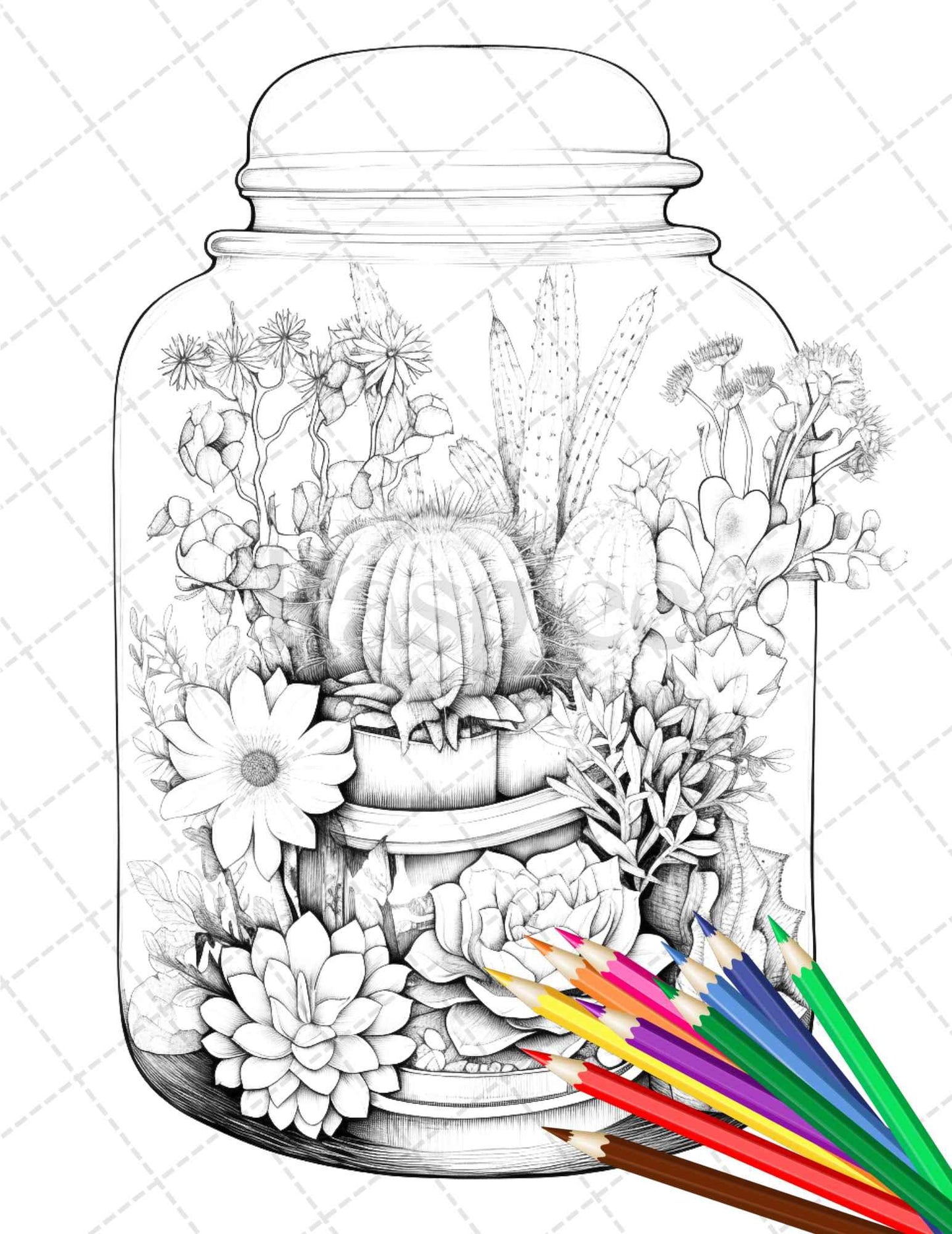 34 Enchanted Terrarium Grayscale Coloring Pages Printable for Adults, PDF File Instant Download