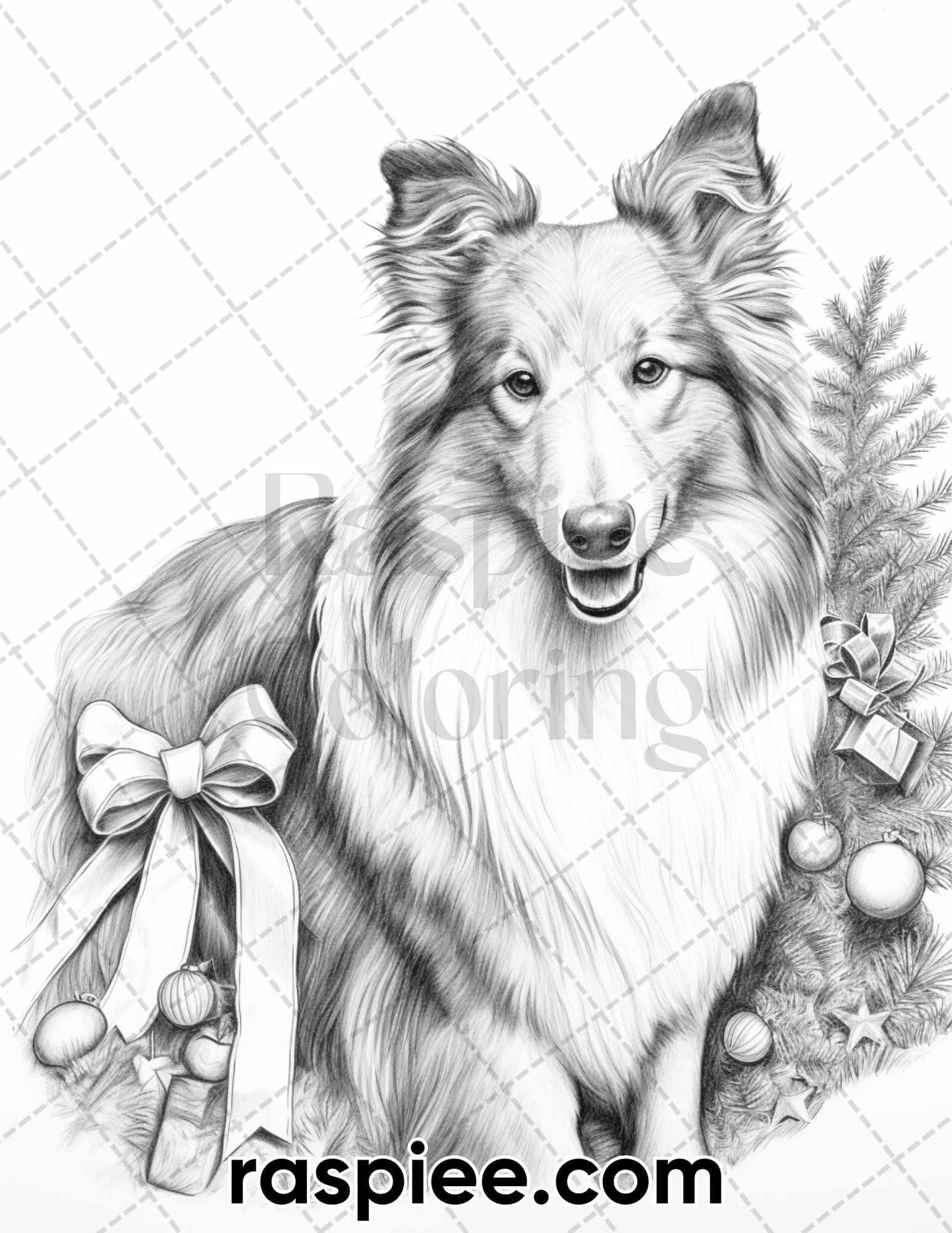 45 Christmas Dogs Grayscale Coloring Pages for Adults, Printable PDF Instant Download