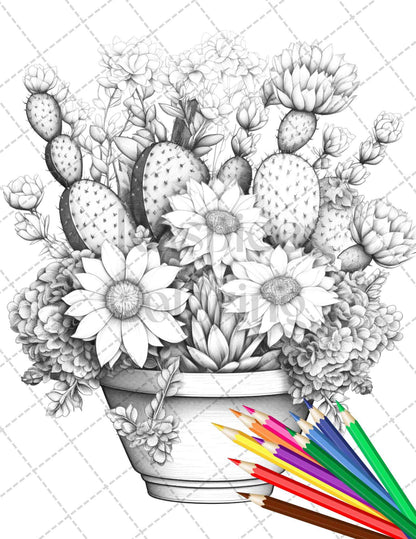 40 Charming Cactus Pots Grayscale Coloring Pages Printable for Adults, PDF File Instant Download