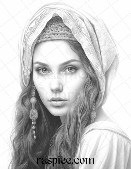 40 Beautiful Gypsy Girls Grayscale Coloring Pages Printable for Adults, PDF File Instant Download