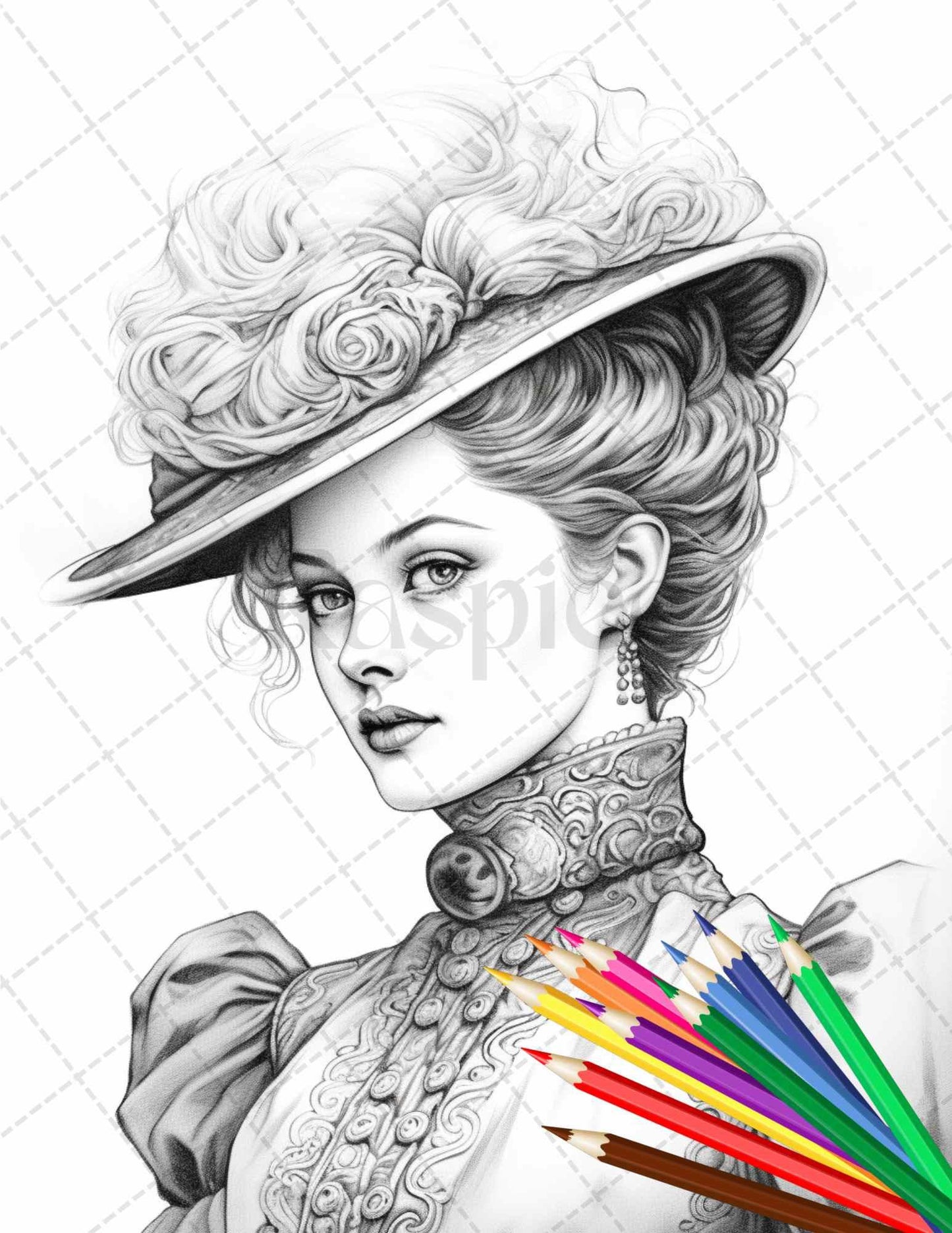 43 Beautiful Victorian Women Grayscale Coloring Pages Printable for Adults, PDF File Instant Download