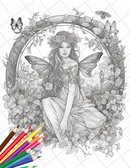 30 Beautiful Fairies Coloring Page Book for Adults, Flower Fairy Grayscale Coloring Book, Fairy Coloring Sheets, Printable PDF File Download