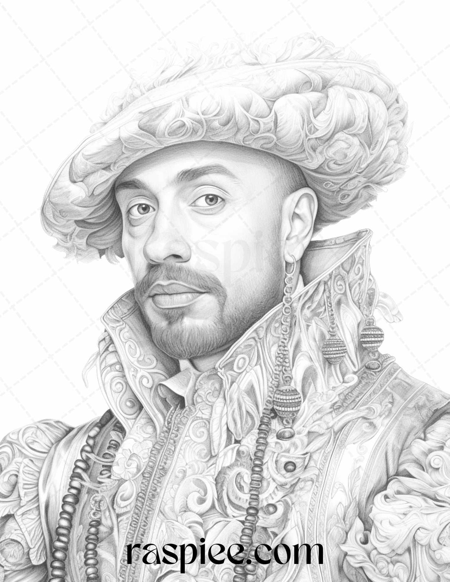 50 Baroque Man Portrait Grayscale Graysale Coloring Pages Printable for Adults, PDF File Instant Download