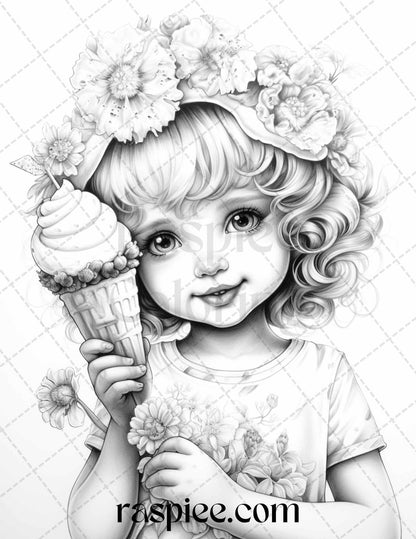 42 Adorable Girls with Ice Cream Grayscale Coloring Pages Printable for Adults Kids, PDF File Instant Download