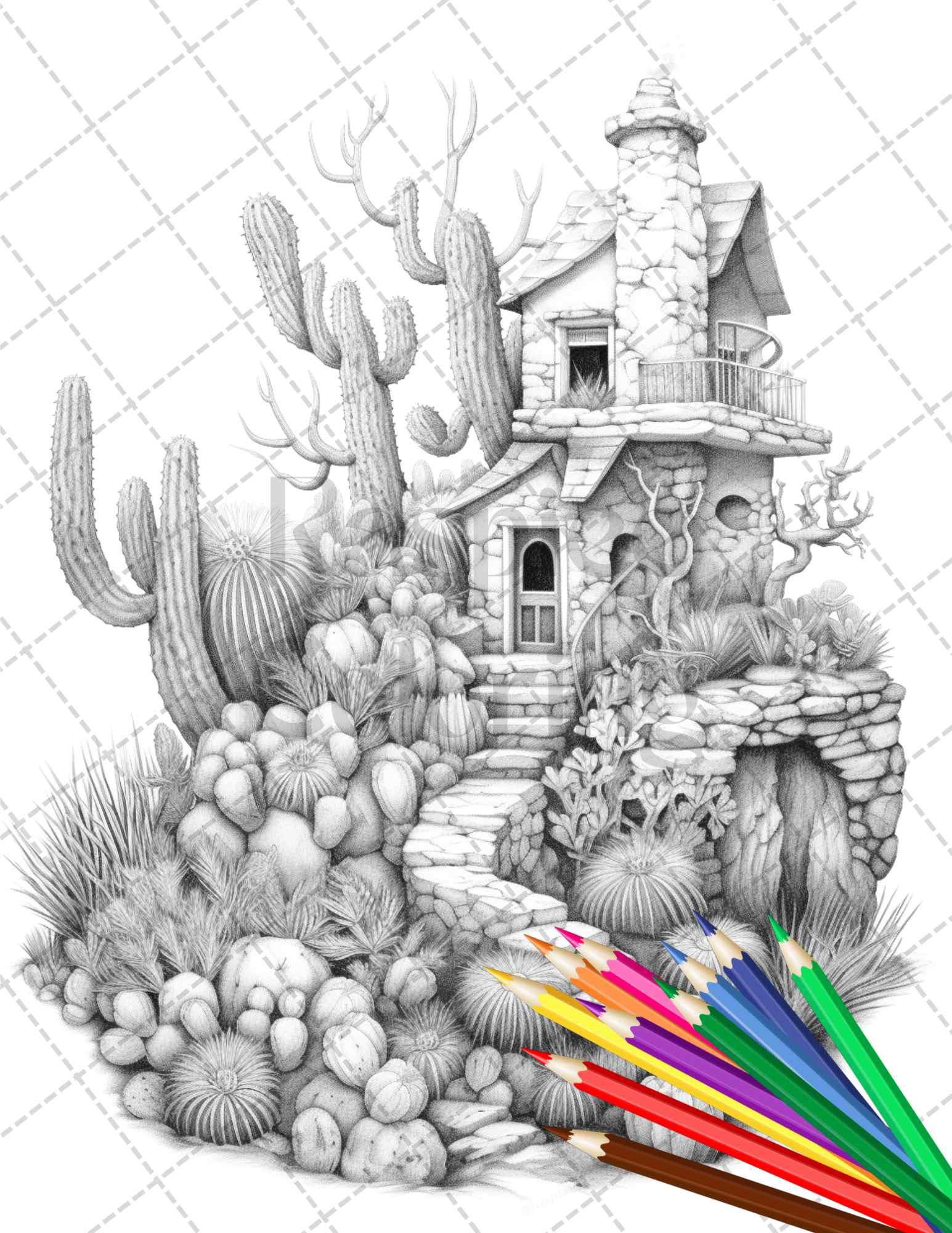 46 Fantasy Cactus Houses Grayscale Coloring Pages Printable for Adults, PDF File Instant Download