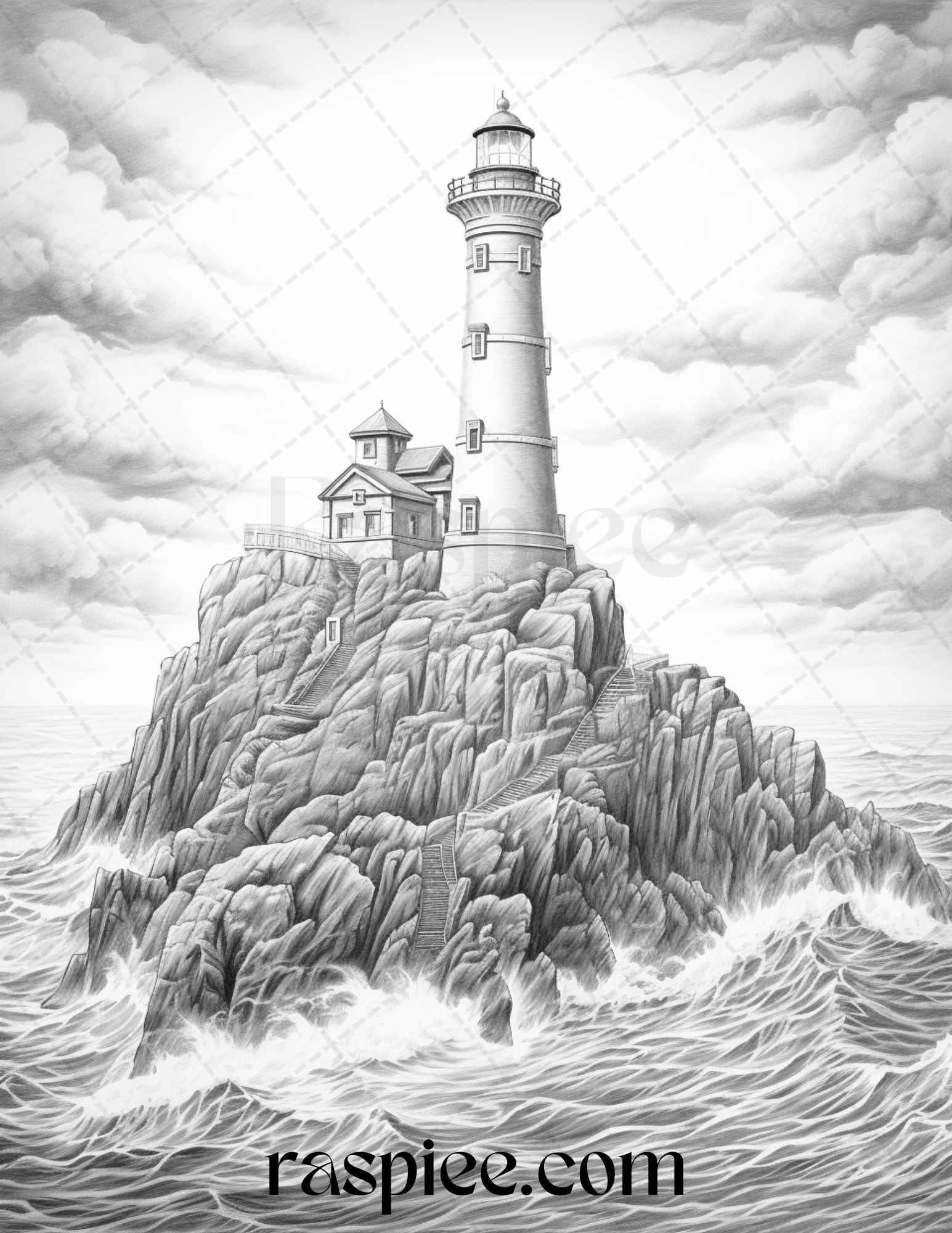 40 Majestic Lighthouses Grayscale Coloring Pages Printable for Adults, PDF File Instant Download