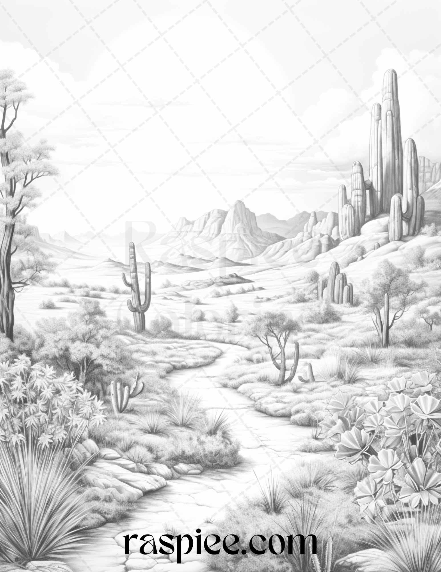 40 Desert Landscapes Grayscale Coloring Pages Printable for Adults, PDF File Instant Download