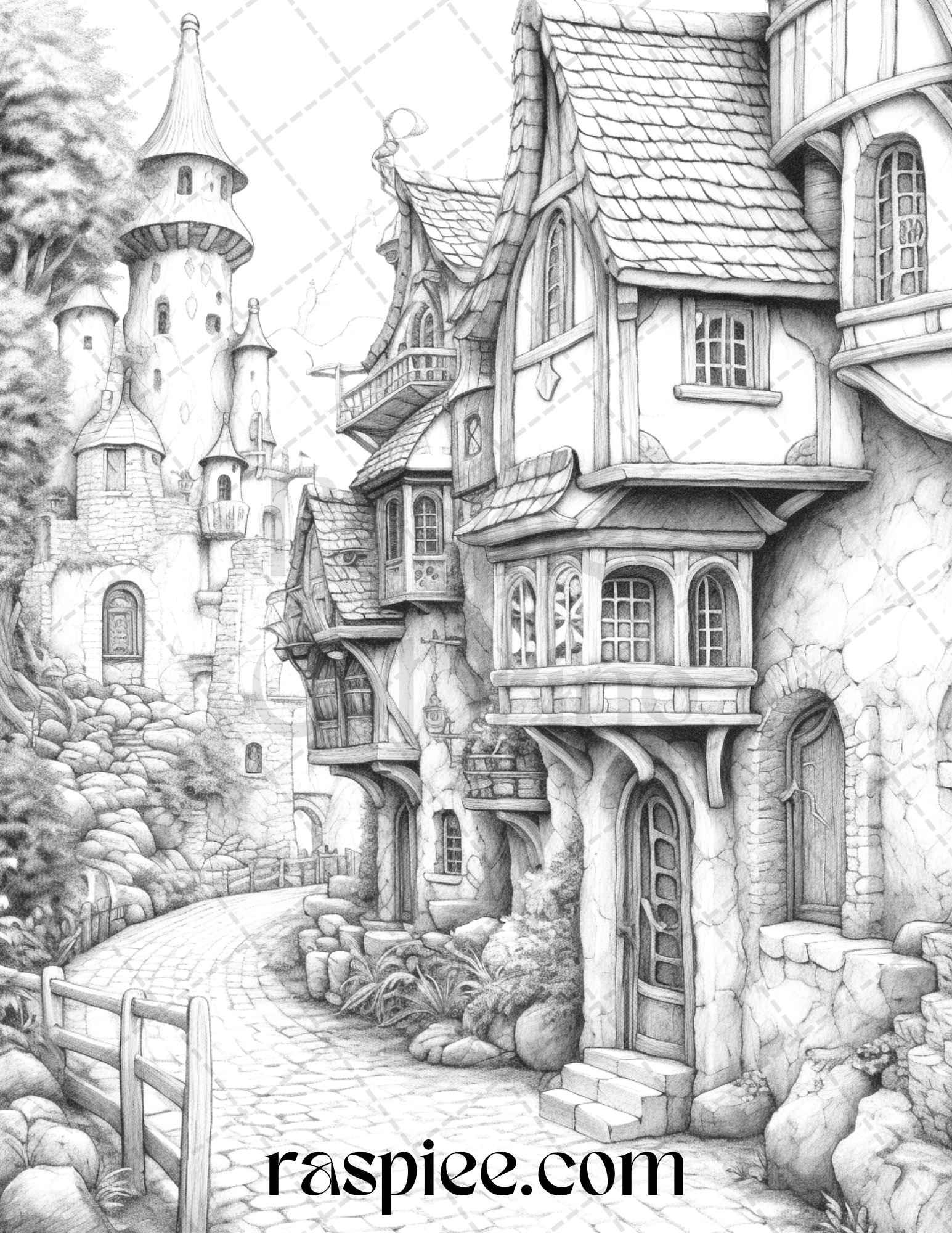 40 Fantasy Village Grayscale Coloring Pages Printable for Adults, PDF File Instant Download