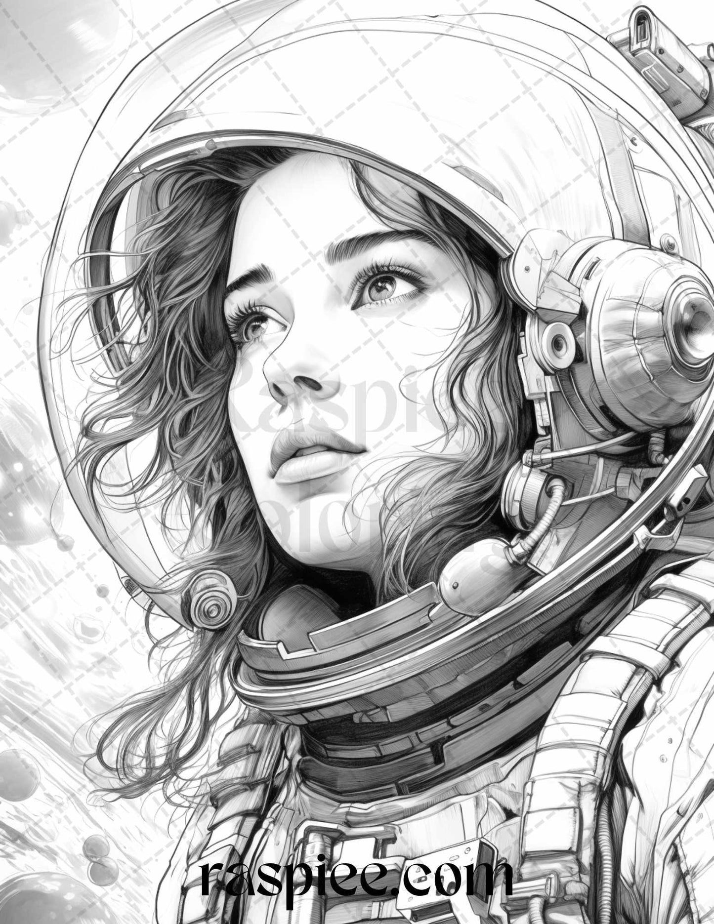 50 Astronaut Girl Portrait Grayscale Coloring Pages Printable for Adults, PDF File Instant Download