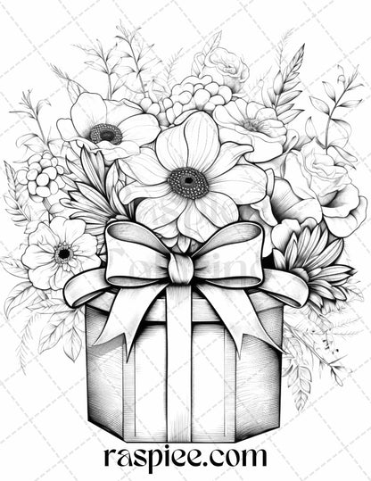 40 Flower Gift Box Grayscale Coloring Pages Printable for Adults Kids, PDF File Instant Download