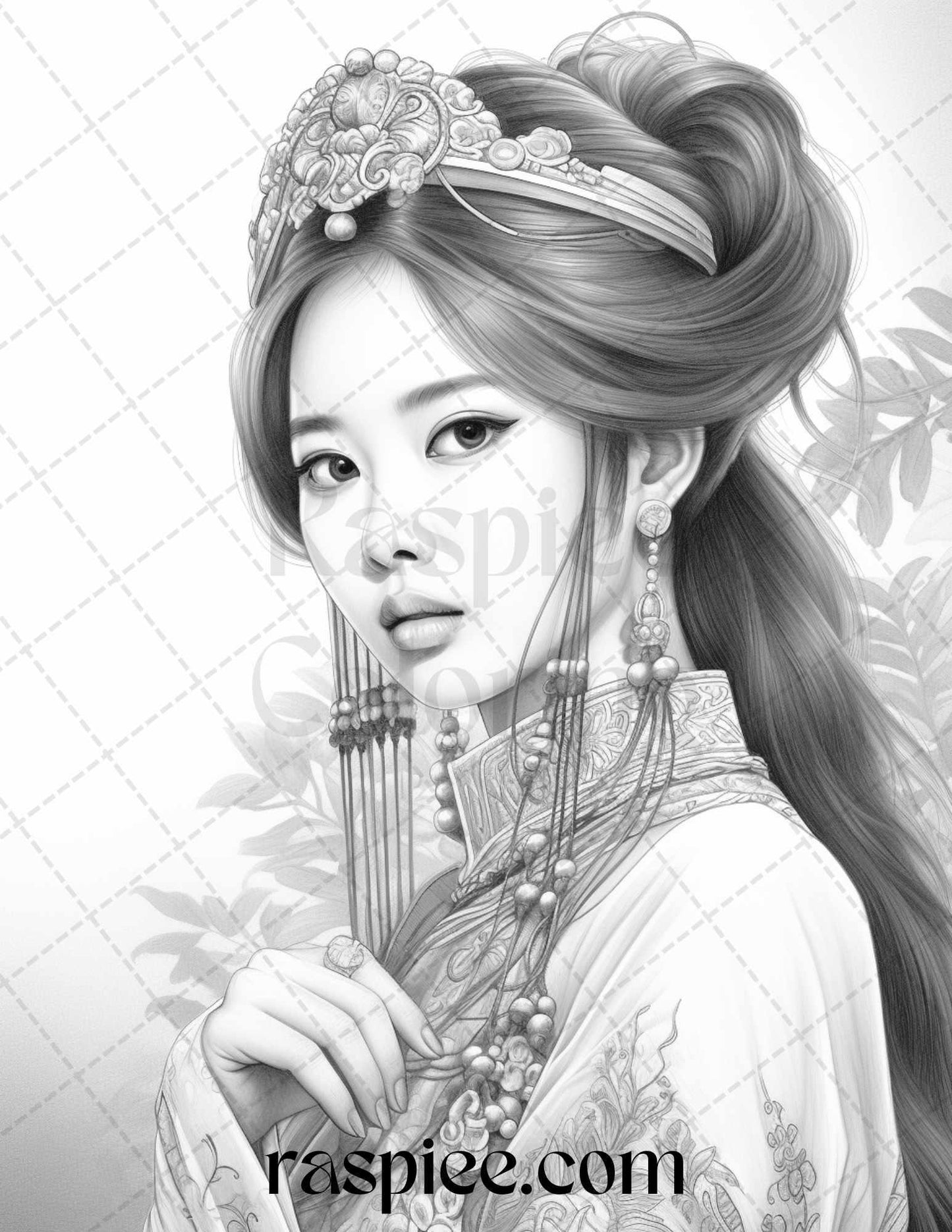 40 Beautiful Chinese Girls Grayscale Coloring Pages for Adults, Printable PDF File Instant Download