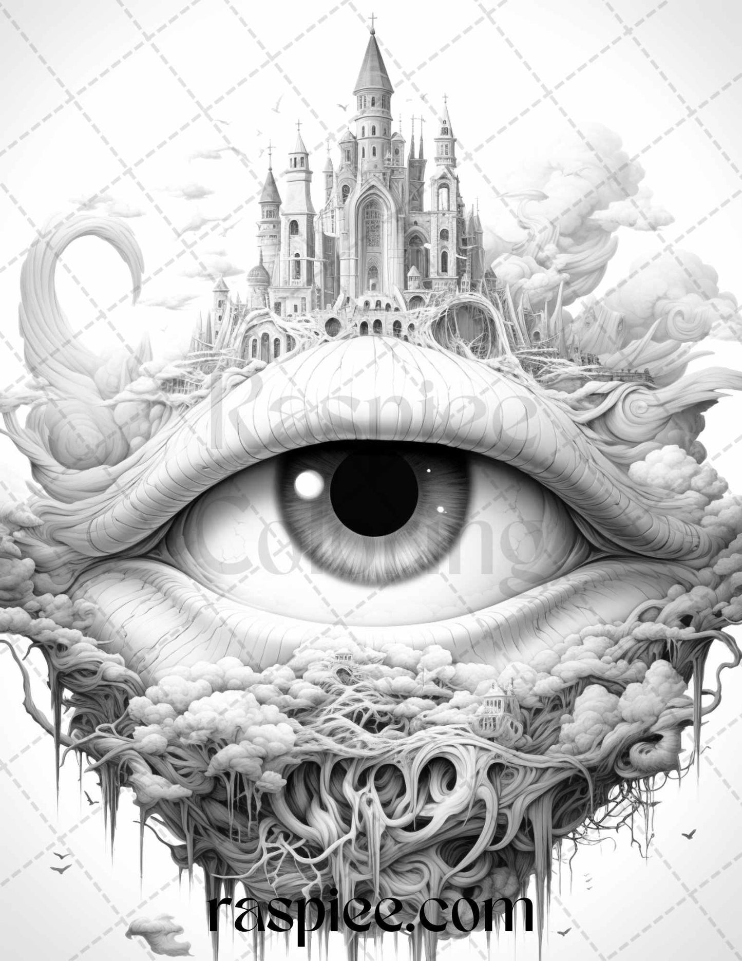 40 Surrealism Eyes Grayscale Coloring Pages Printable for Adults, PDF File Instant Download