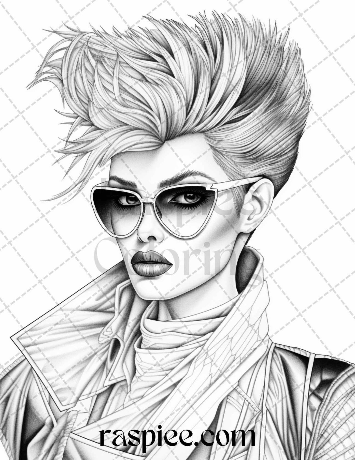 1980s New Wave Pop Star Grayscale Coloring Pages Printable for Adults, PDF File Instant Download