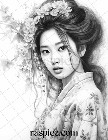 40 Beautiful Japanese Girls Grayscale Coloring Pages Printable for Adults, PDF File Instant Download