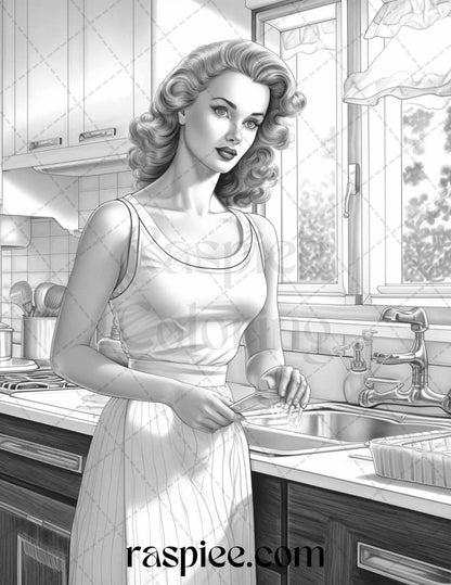 40 Retro Housewives Grayscale Coloring Pages for Adults, Printable PDF File Instant Download