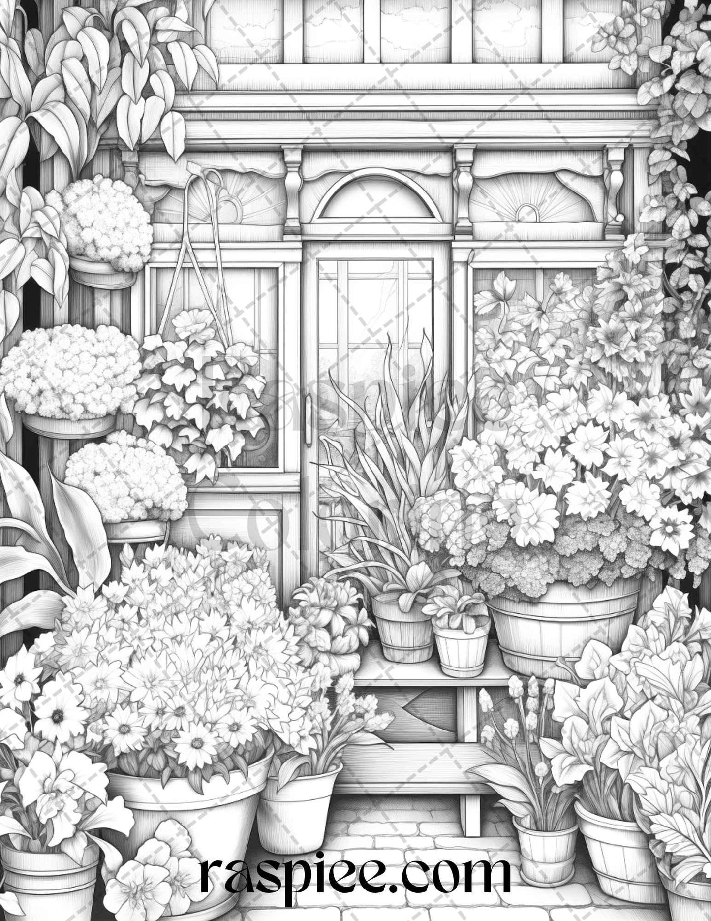 45 Flower Store Front Grayscale Coloring Pages Printable for Adults, PDF File Instant Download