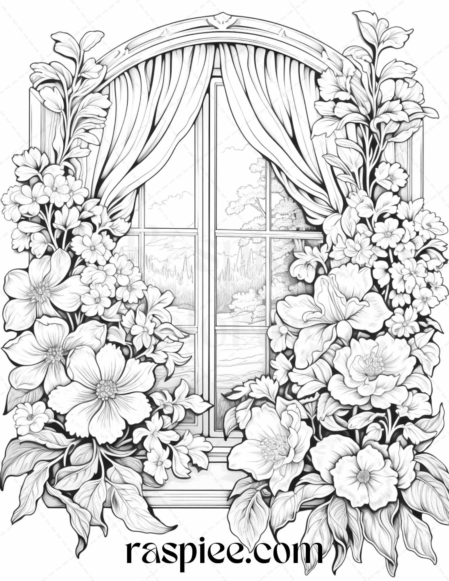 50 Blooming Windows Grayscale Coloring Pages Printable for Adults, PDF File Instant Download