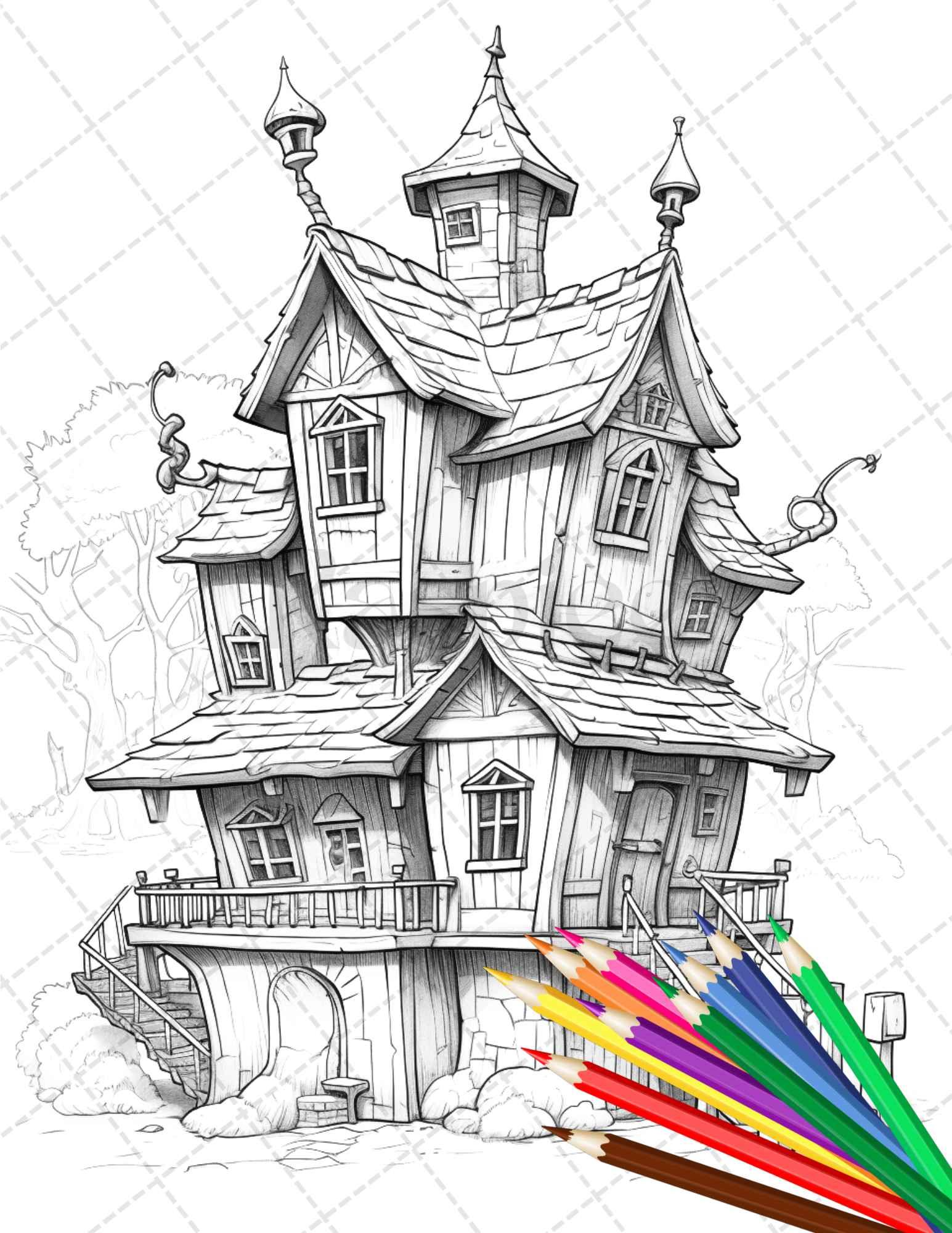 32 Spooky Houses Coloring Pages Printable for Adults, Grayscale Coloring Page, PDF File Instant Download