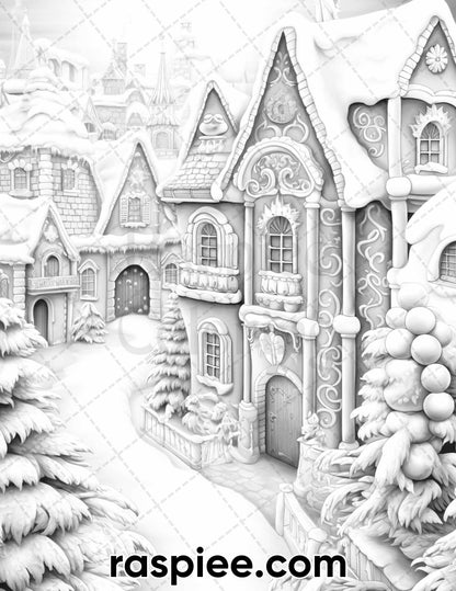 40 Gingerbread Village Grayscale Coloring Pages for Adults, Printable PDF Instant Download