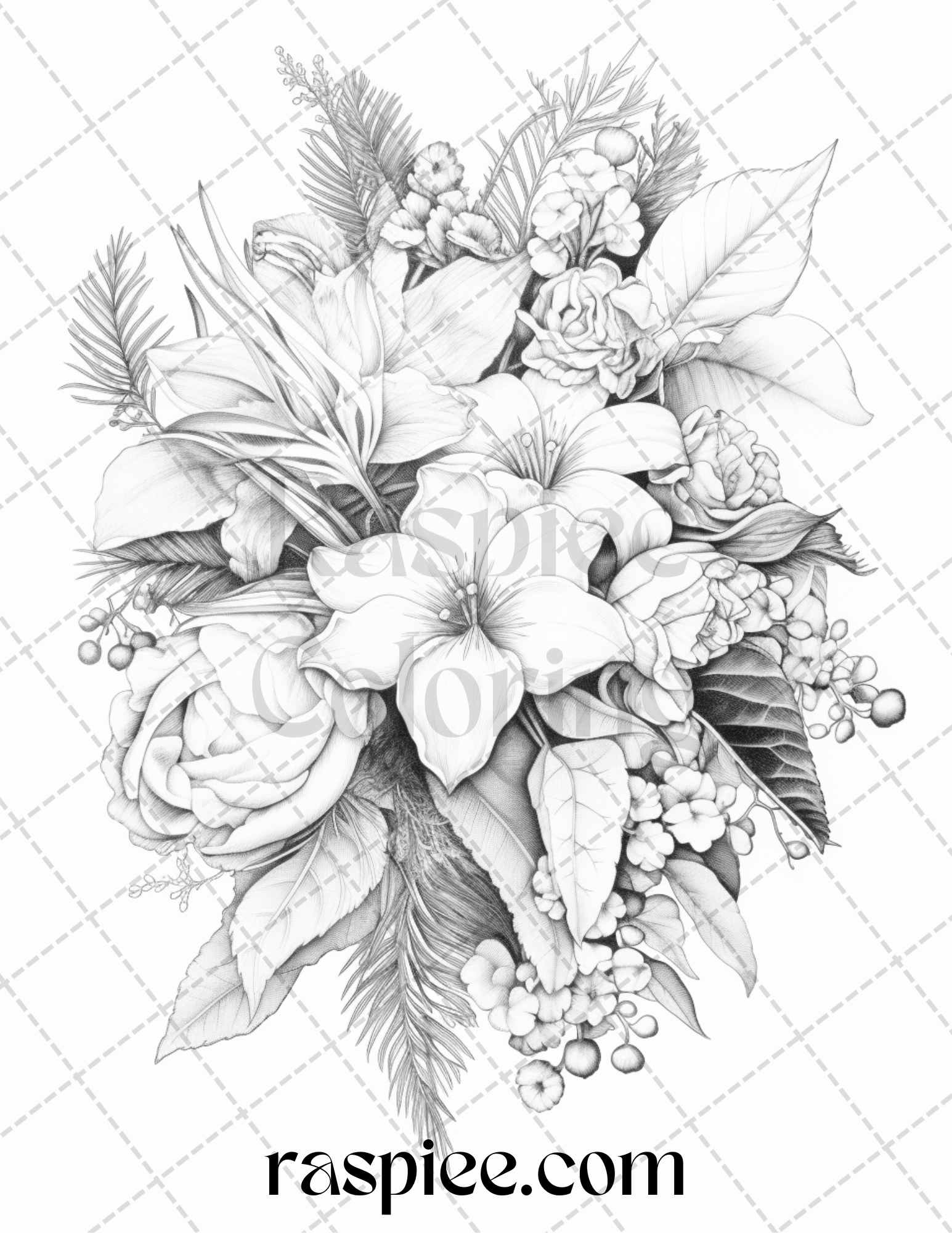 45 Christmas Flowers Grayscale Coloring Pages Printable for Adults, PDF File Instant Download