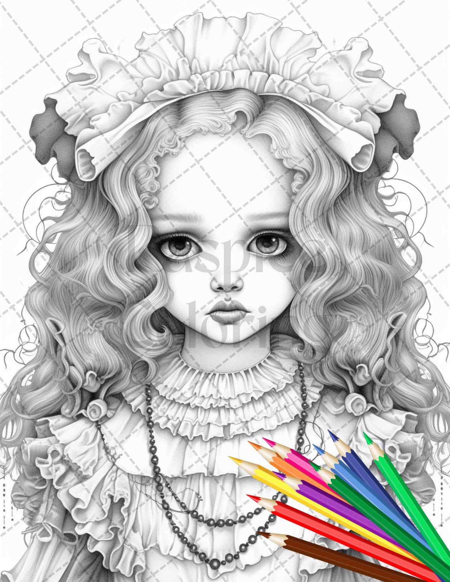 40 Creepy Porcelain Dolls Grayscale Coloring Pages for Adults, PDF File Instant Download