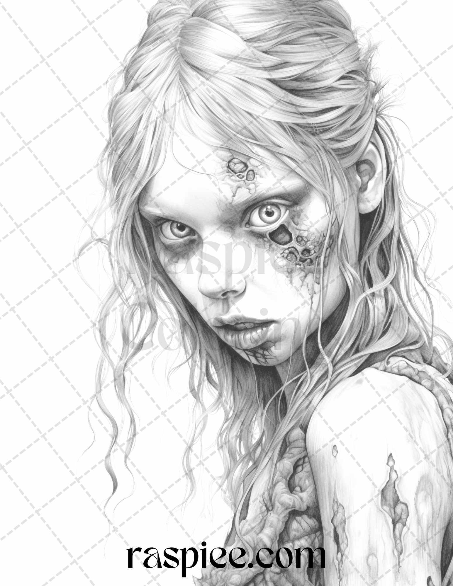 40 Scary Zombie Girls Grayscale Coloring Pages Printable for Adults, PDF File Instant Download