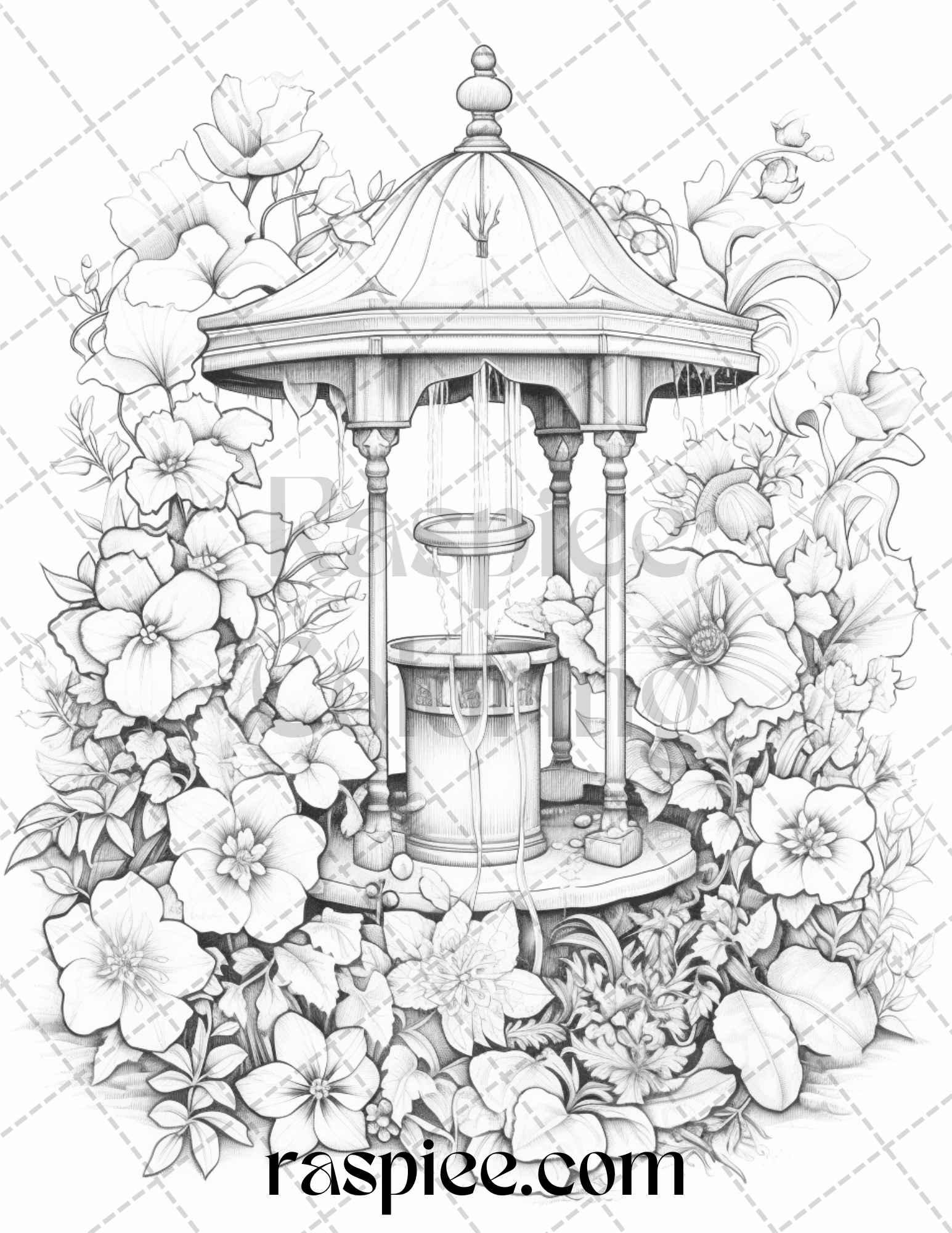 40 Whimsical Wishing Wells Grayscale Coloring Pages Printable for Adults, PDF File Instant Download