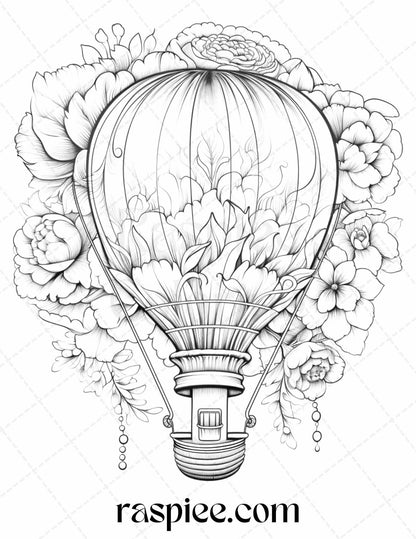 42 Flower Hot Air Balloons Grayscale Coloring Pages Printable for Adults, PDF File Instant Download