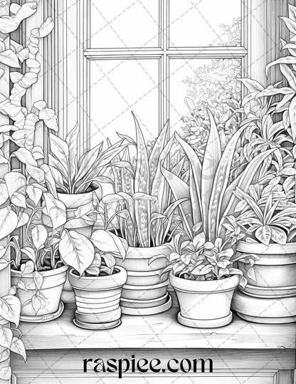 40 Window Plants Grayscale Coloring Pages Printable for Adults, PDF File Instant Download