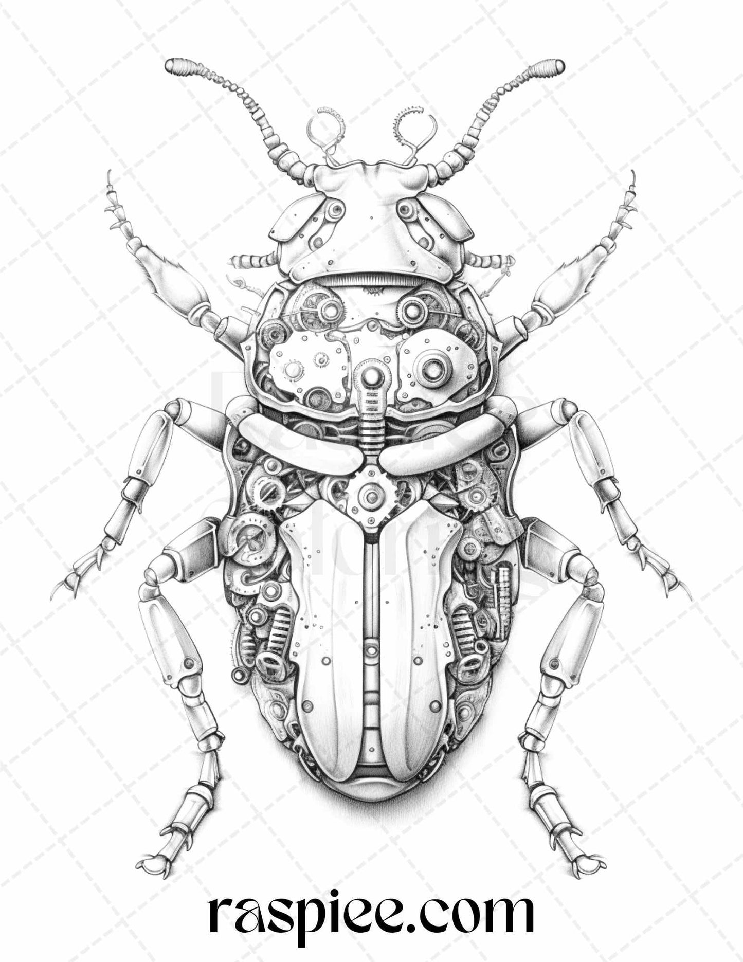 42 Steampunk Bugs Grayscale Coloring Pages Printable for Adults, PDF File Instant Download