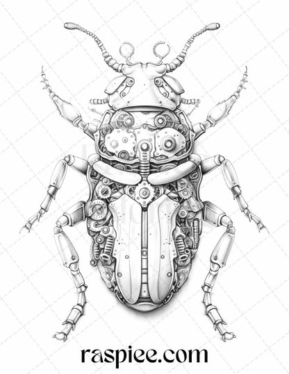 42 Steampunk Bugs Grayscale Coloring Pages Printable for Adults, PDF File Instant Download