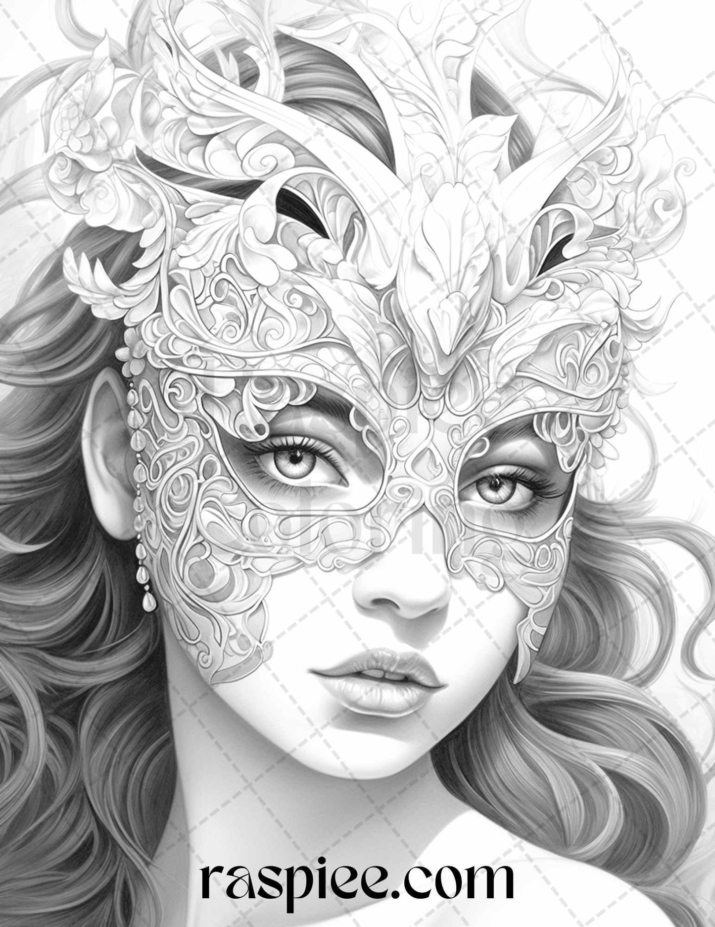 40 Masquerade Girls Grayscale Coloring Pages Printable for Adults, PDF File Instant Download