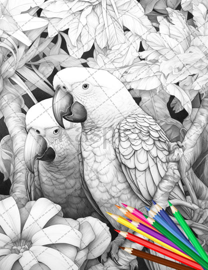 31 Tropical Birds Coloring Book for Adults, Grayscale Coloring Page, Printable PDF Instant Download