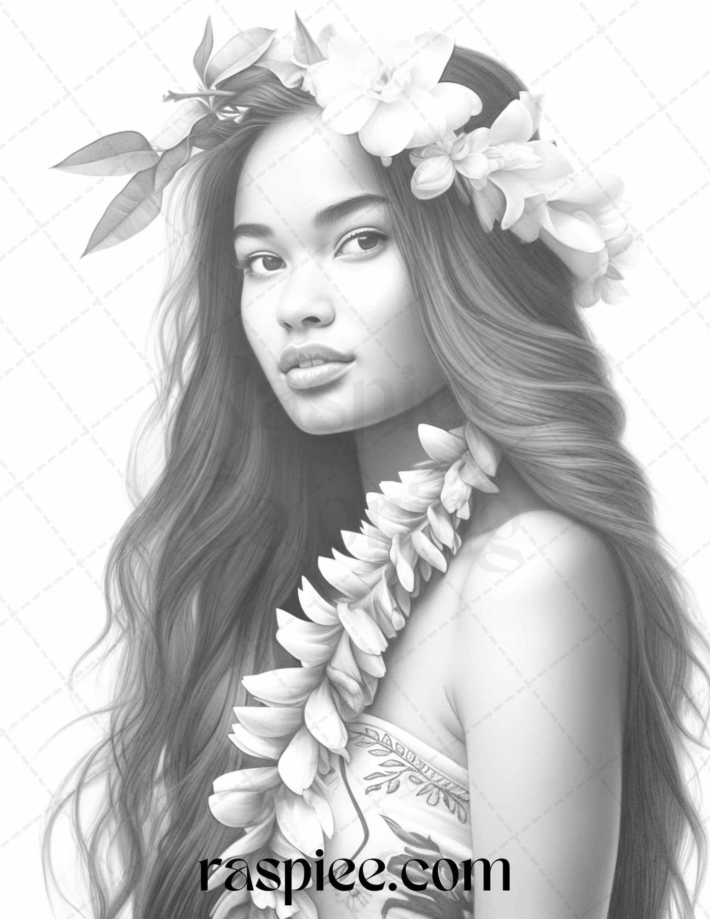 40 Hawaiian Girls Grayscale Coloring Pages Printable for Adults, PDF File Instant Download