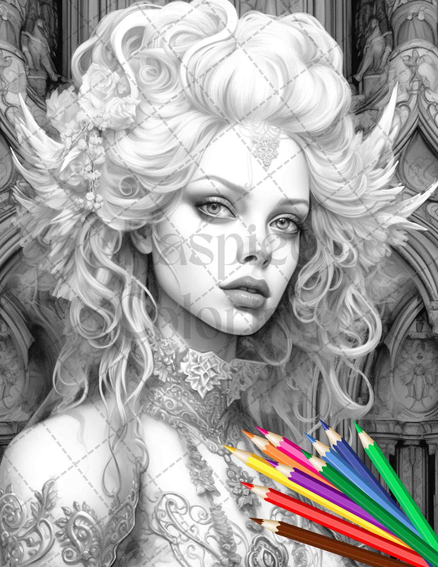 40 Beautiful Gothic Girls Grayscale Coloring Pages Printable for Adults, PDF File Instant Download