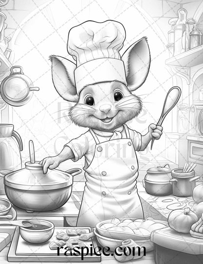 45 Mouse Chef Grayscale Coloring Pages Printable for Adults, PDF File Instant Download