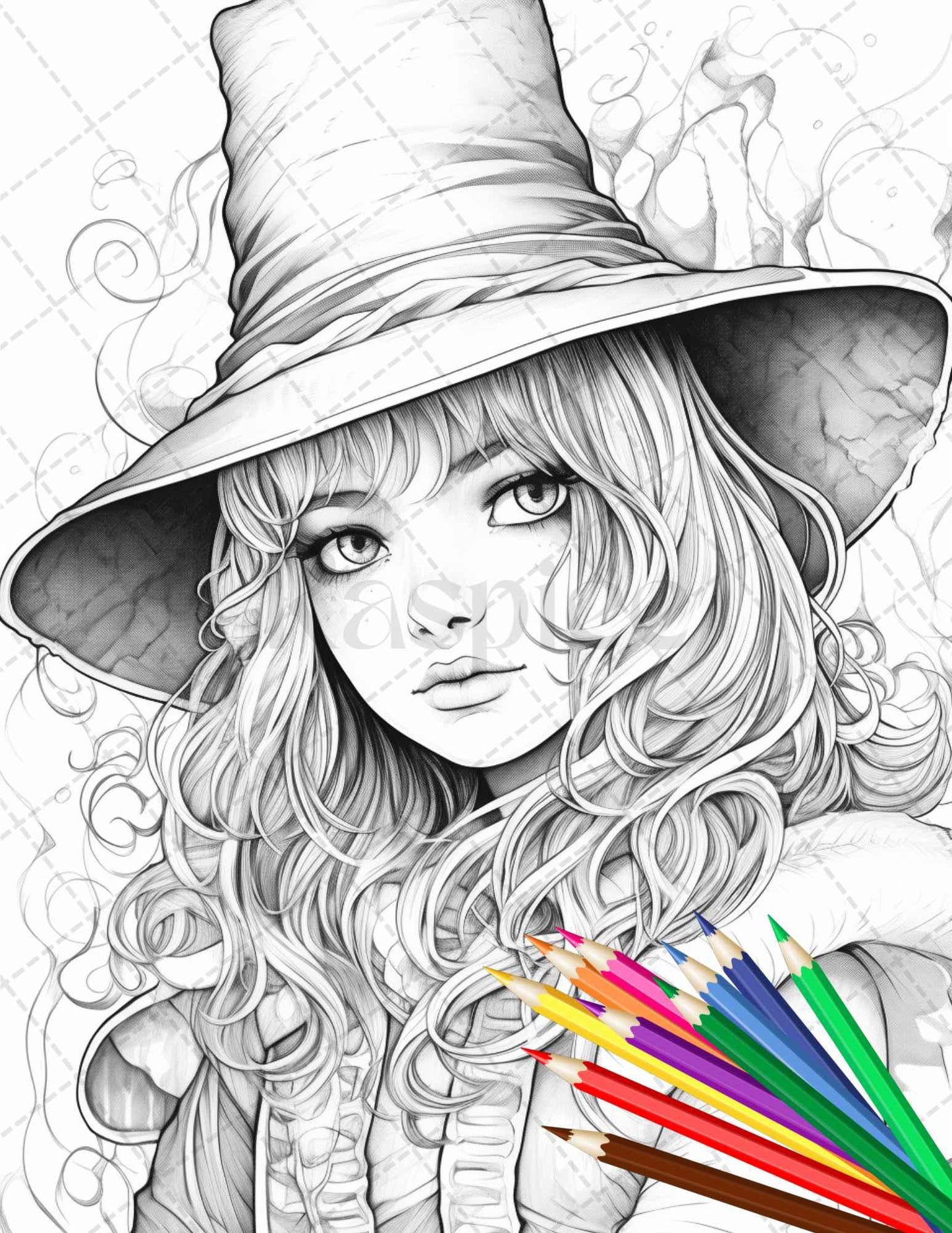 40 Cute Witches Coloring Pages Printable for Adults, Grayscale Coloring Page, PDF File Instant Download