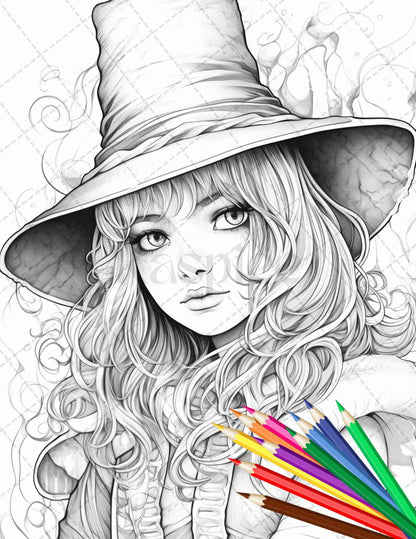 40 Cute Witches Coloring Pages Printable for Adults, Grayscale Coloring Page, PDF File Instant Download