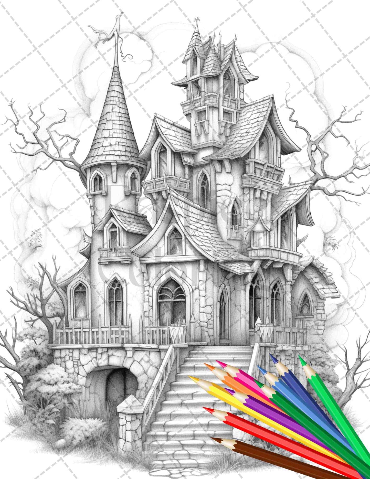 40 Creepy Gothic Houses Grayscale Coloring Pages Printable for Adults, PDF File Instant Download