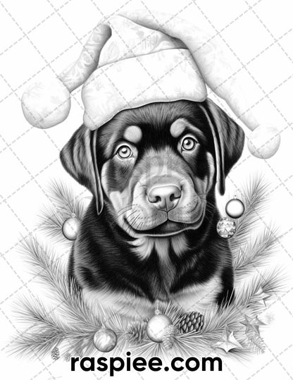 45 Christmas Dogs Grayscale Coloring Pages for Adults, Printable PDF Instant Download