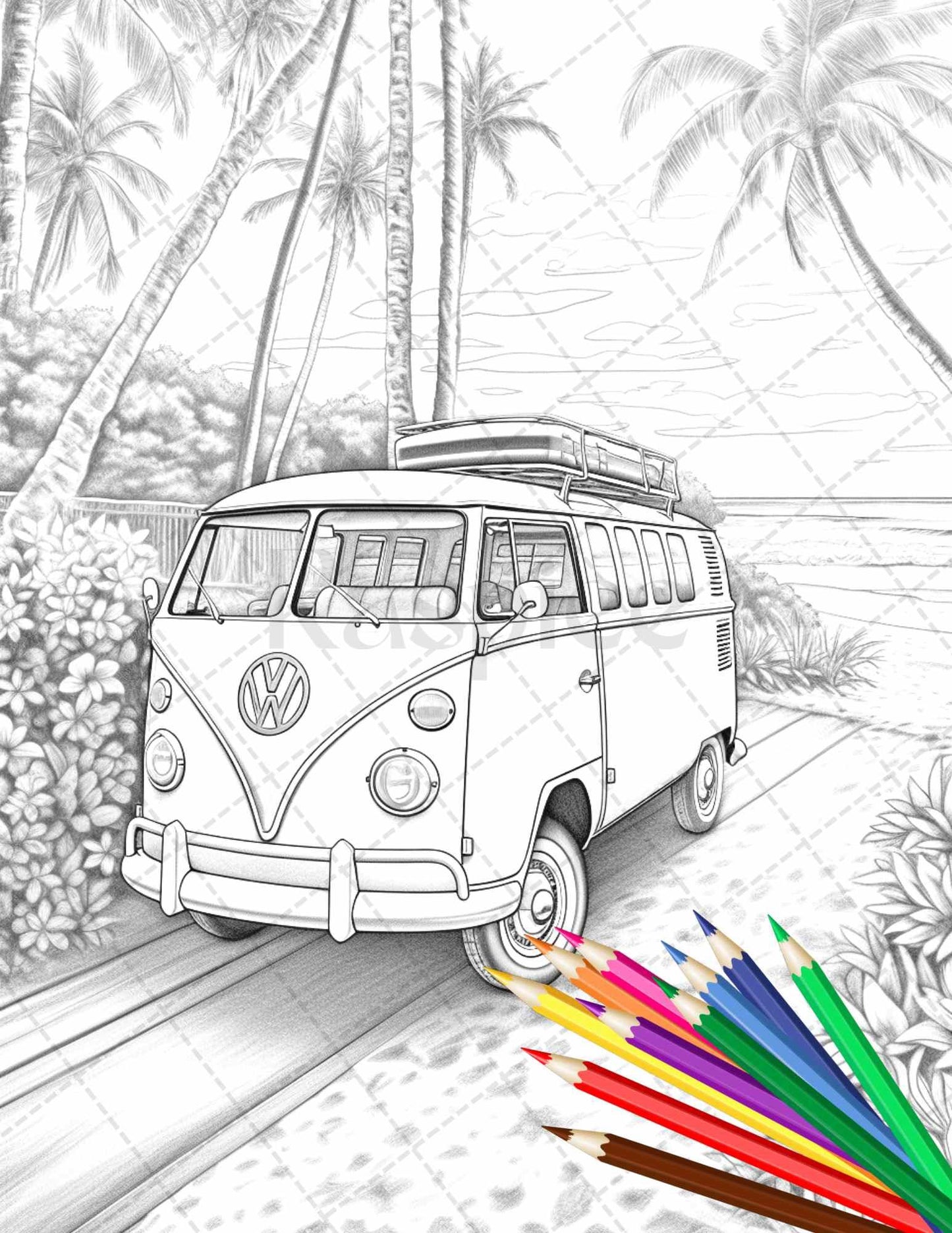 30 Campervan Adventure Grayscale Coloring Pages Printable for Adults, PDF File Instant Download